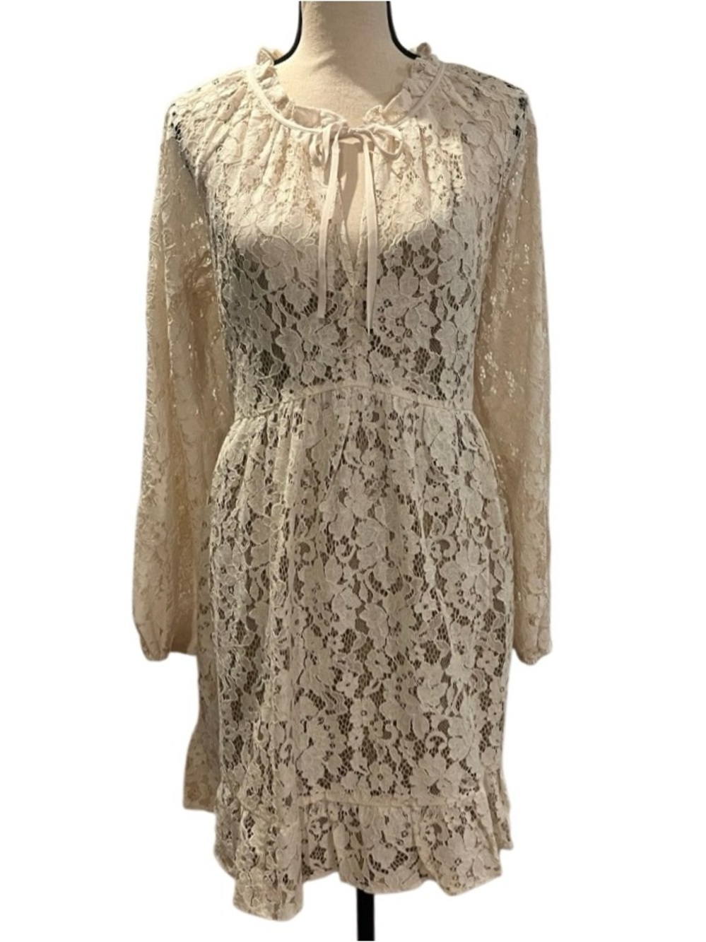 LOFT Floral Lace Tie-Neck Flounce Mini Dress - Picture 2 of 12
